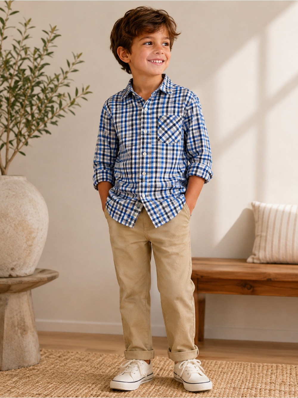 Vineyard Vines Boys Size 6 Blue‎ White Gingham Button Down Shirt 100% Cotton